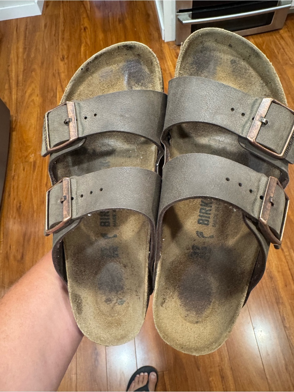 Birkenstock Men's Double Strap Sandals in Dark Brown with Copper Buckles
